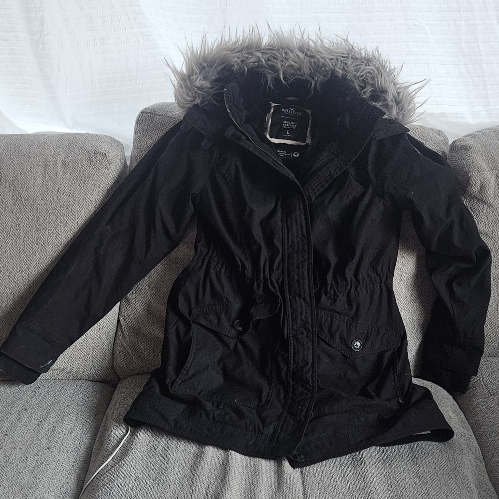 Hollister Black Parka Jacket with Faux Fur Hood